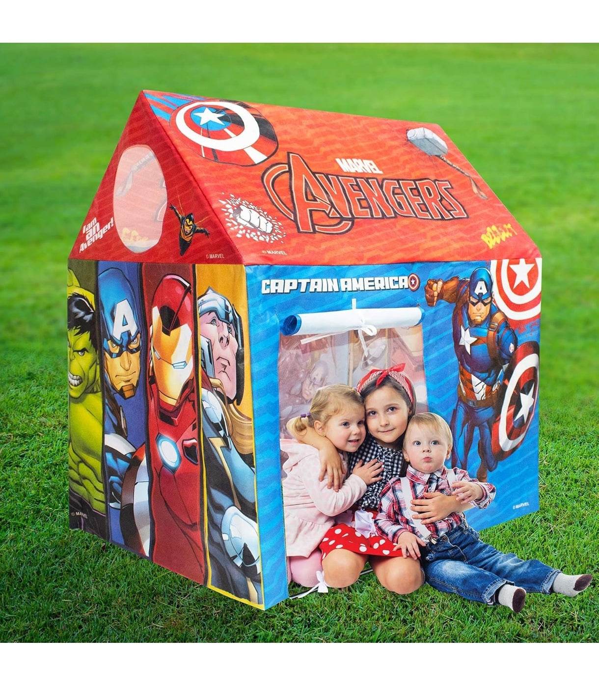 Avengers play tent for kids featuring Captain America, Iron Man, Hulk, and Thor graphics with children playing inside