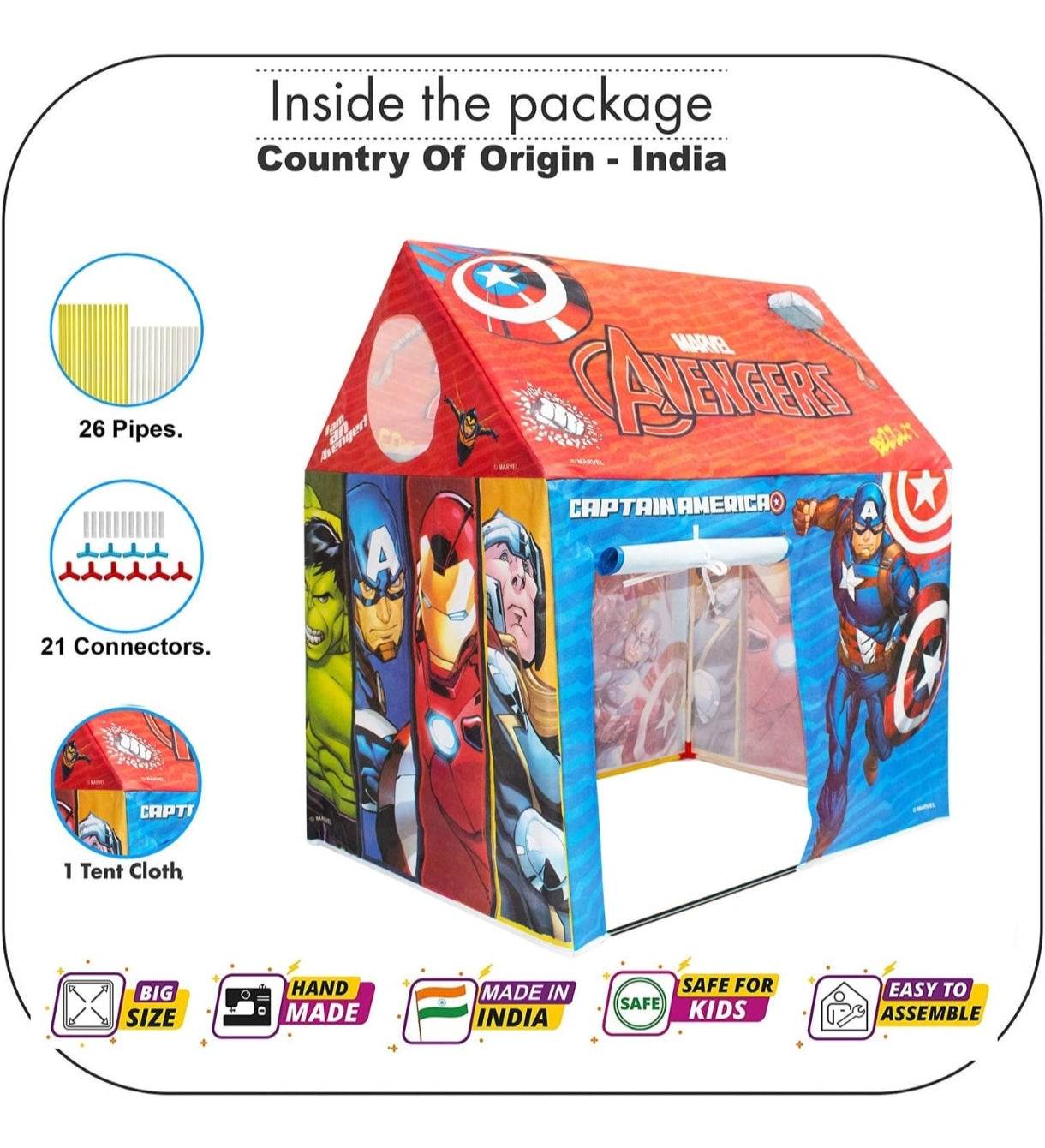 Avengers play tent for kids featuring Captain America, Iron Man, and Hulk with easy assembly
