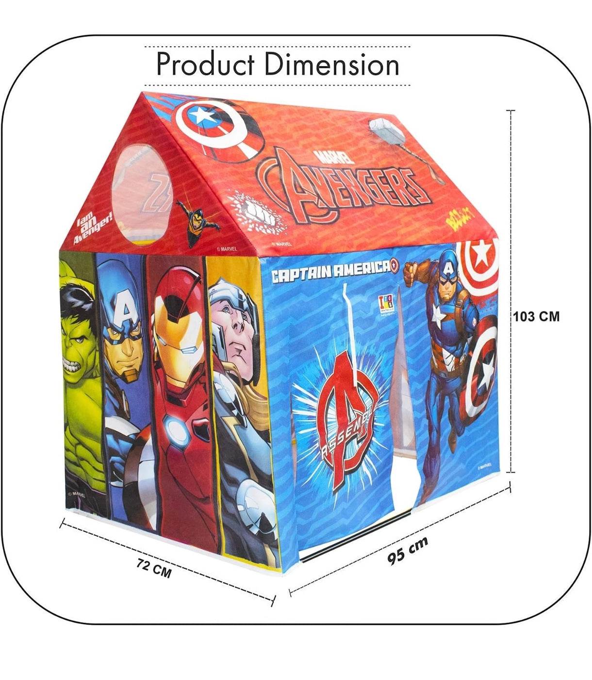 Avengers play tent for kids featuring Captain America, Iron Man, Thor, and Hulk with vibrant superhero design