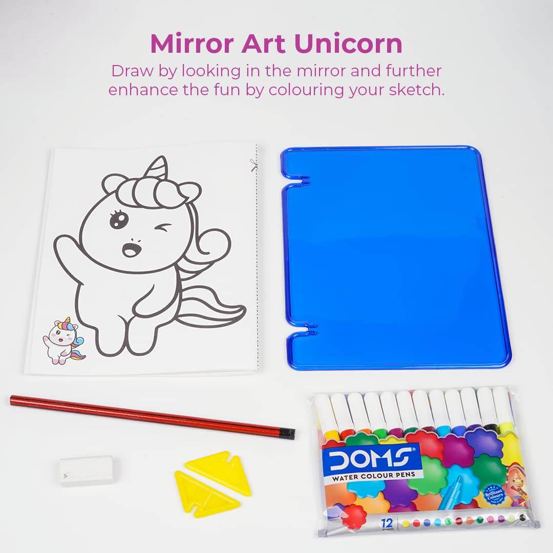 Unicorn art and craft kit for kids with coloring markers, mirror drawing guide, pencil, and eraser
