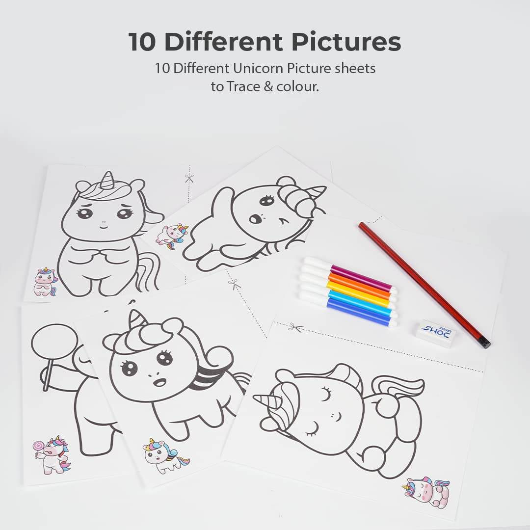 Unicorn art and craft kit for kids with 10 different unicorn picture sheets and coloring markers