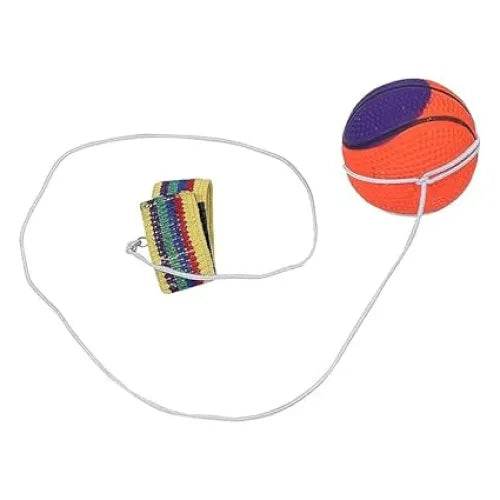 Orange and purple yo yo ball toy for kids with attached white string and colorful wrist strap