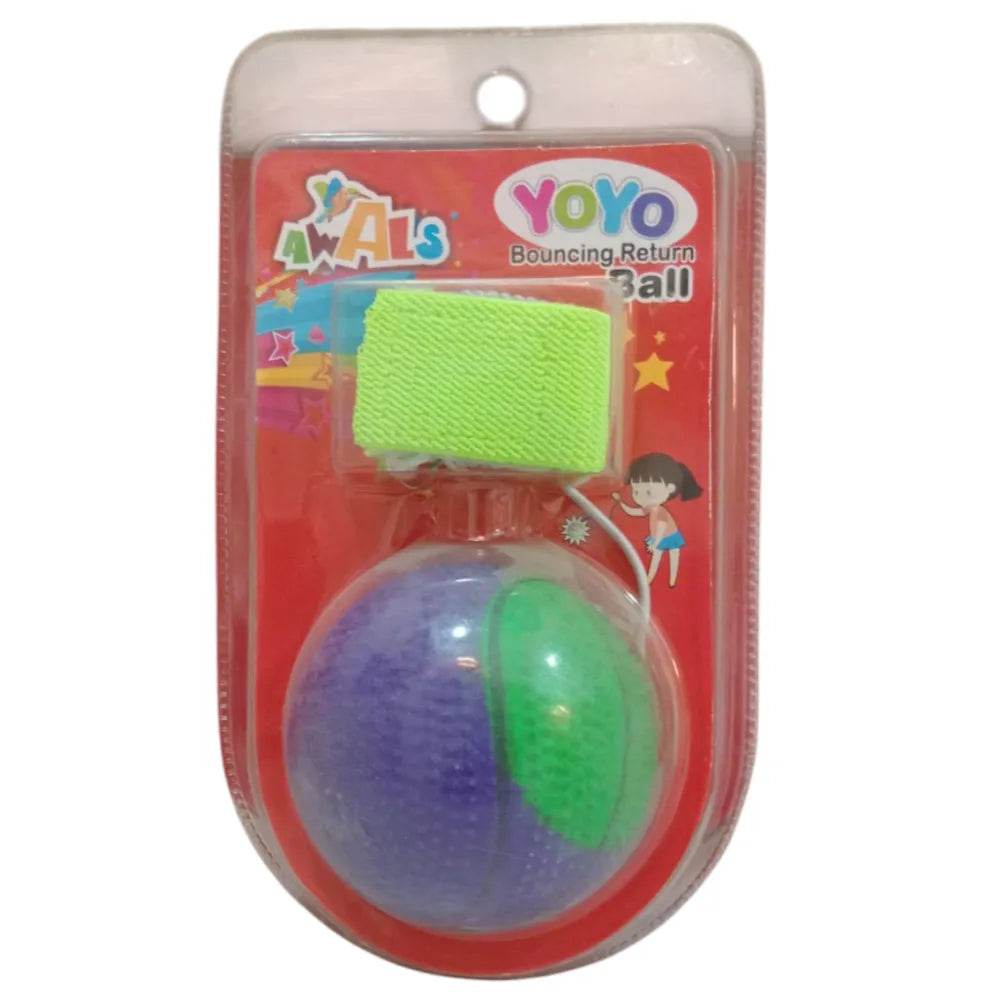 Colorful yo yo ball toy for kids with green strap and purple and green ball in clear packaging