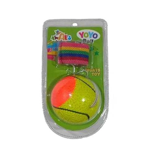 Colorful yo yo ball toy for kids with bright yellow and orange ball in green packaging