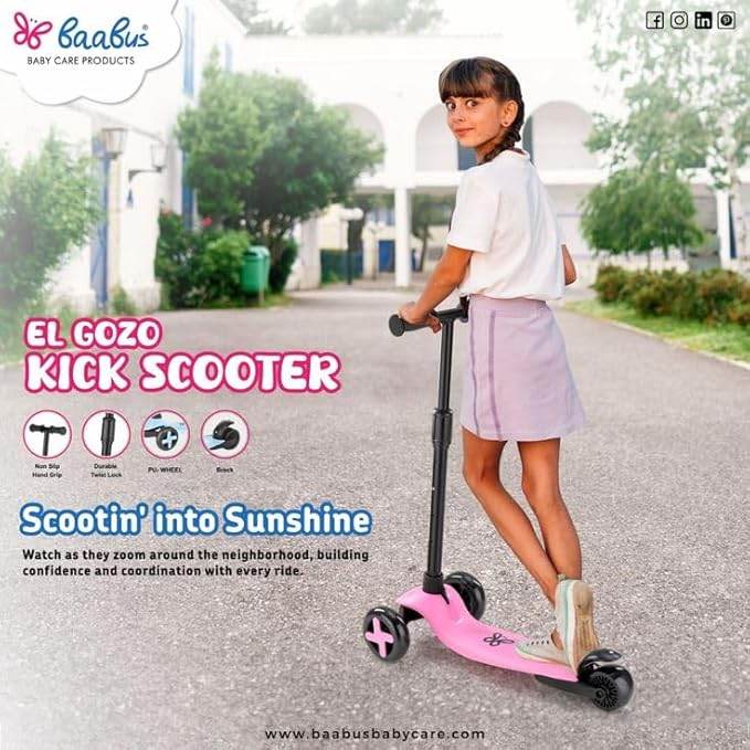 Girl riding a pink LED kick scooter for kids outdoors on a paved path with trees in background
