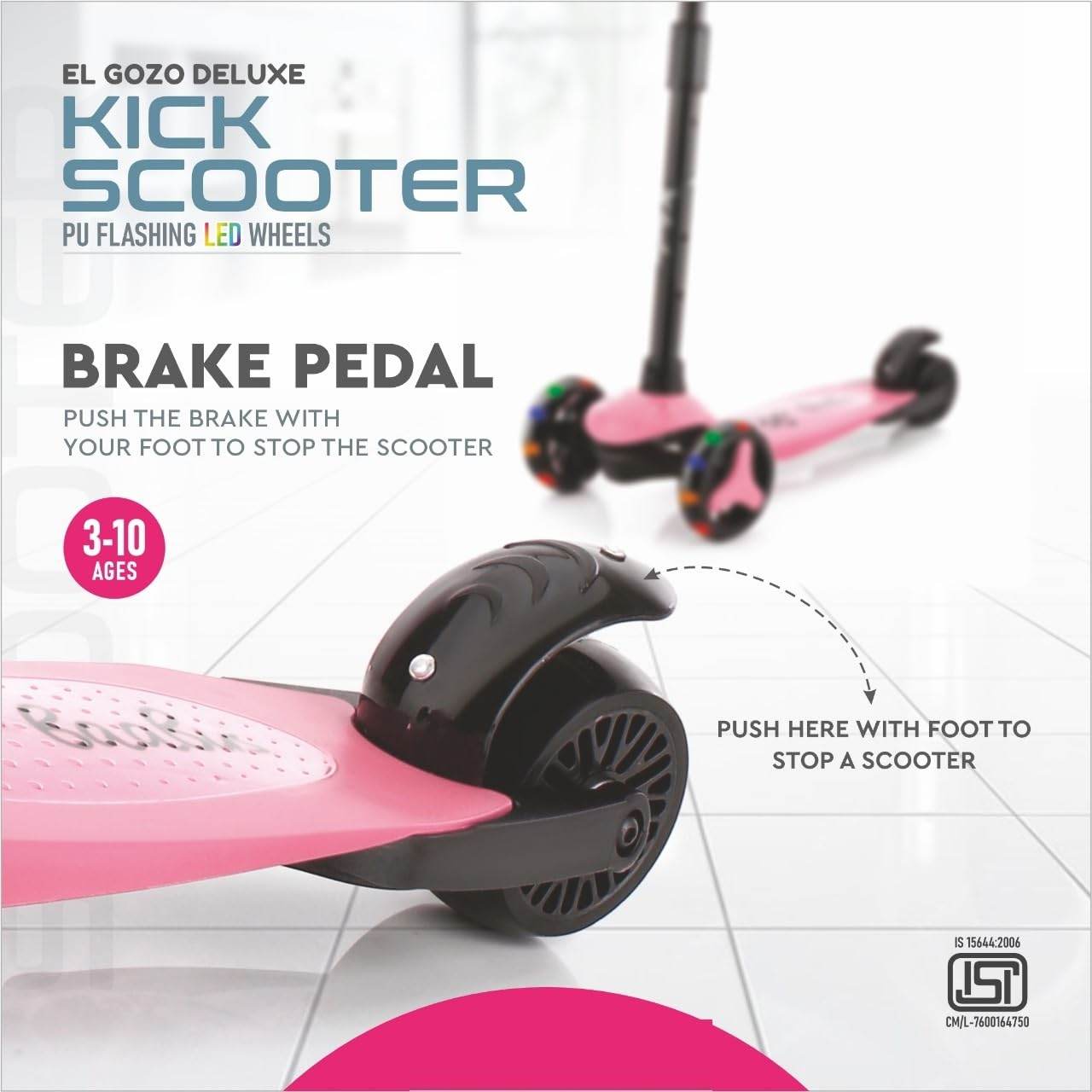 Pink LED kick scooter for kids with brake pedal and PU flashing LED wheels for ages 3 to 10