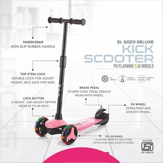 LED kick scooter for kids with non-slip handle, adjustable height, flashing PU LED wheels, and sturdy brake pedal