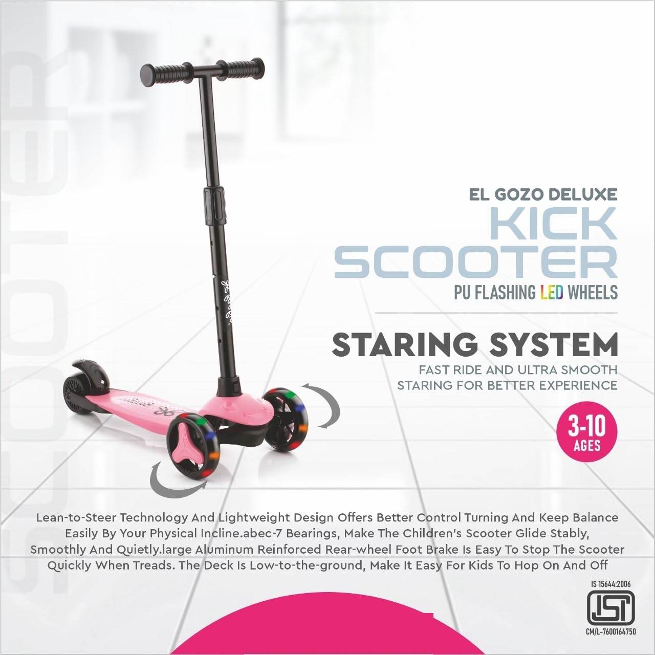 Pink LED kick scooter for kids with PU flashing LED wheels and lean-to-steer technology