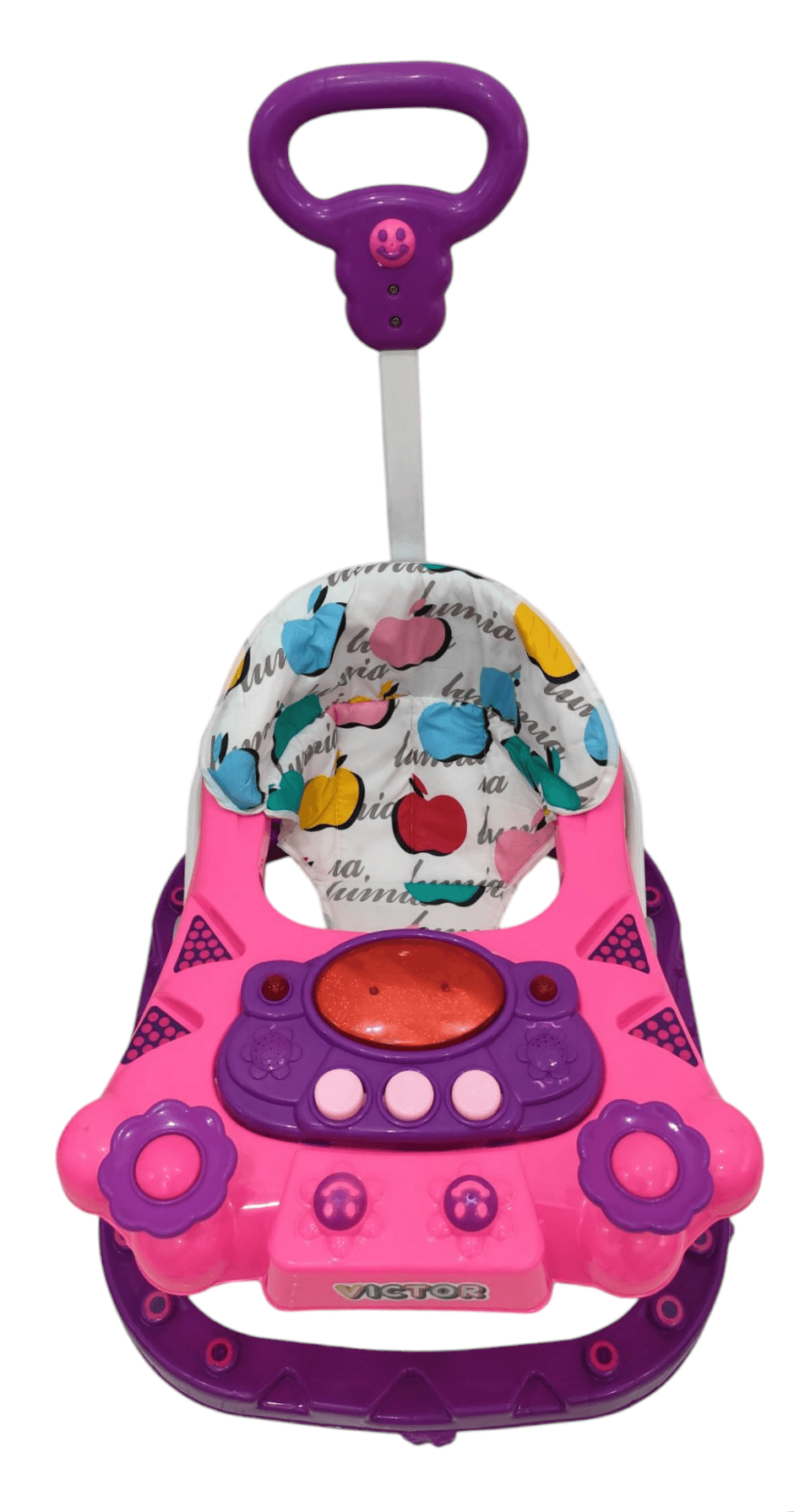 Pink baby walker with colorful seat fabric and interactive buttons for infants