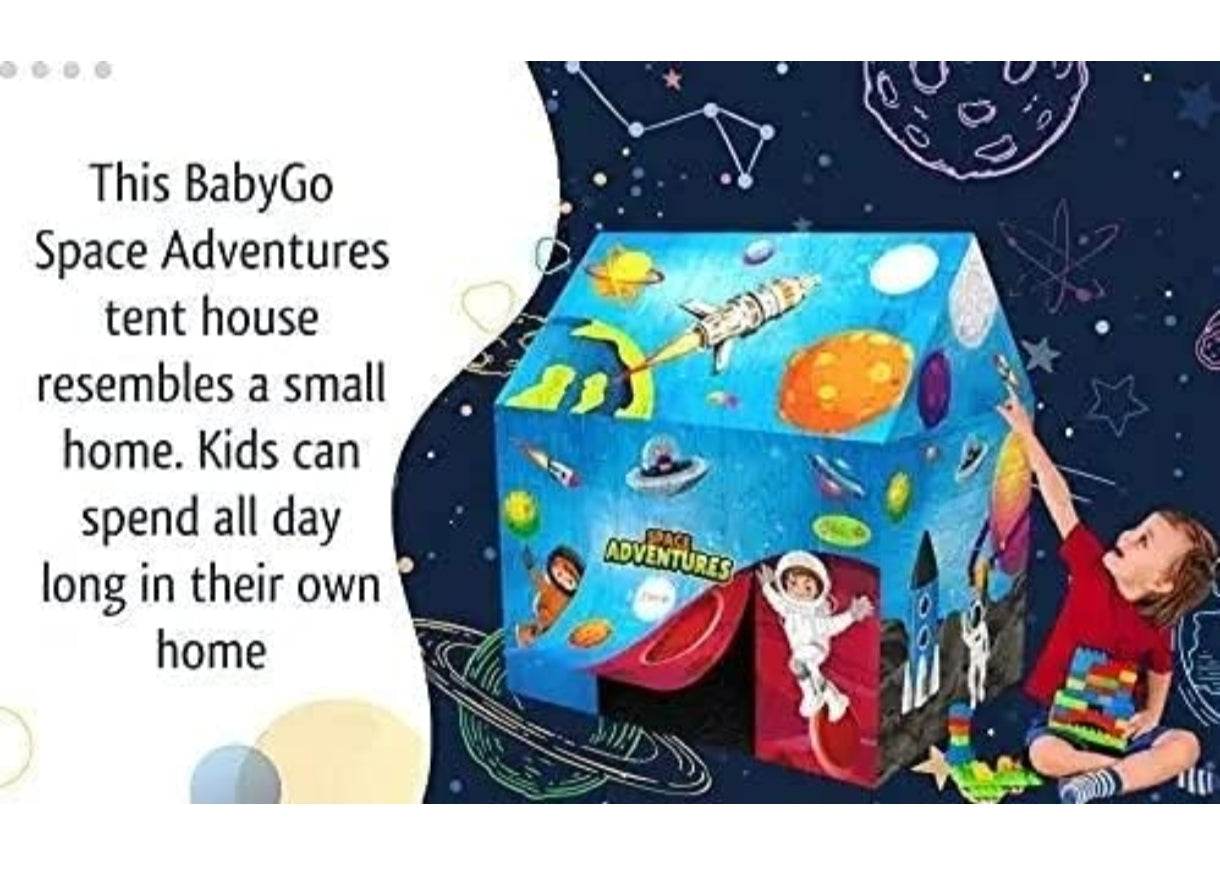 BabyGo space themed tent for children with colorful space adventure design and child playing nearby