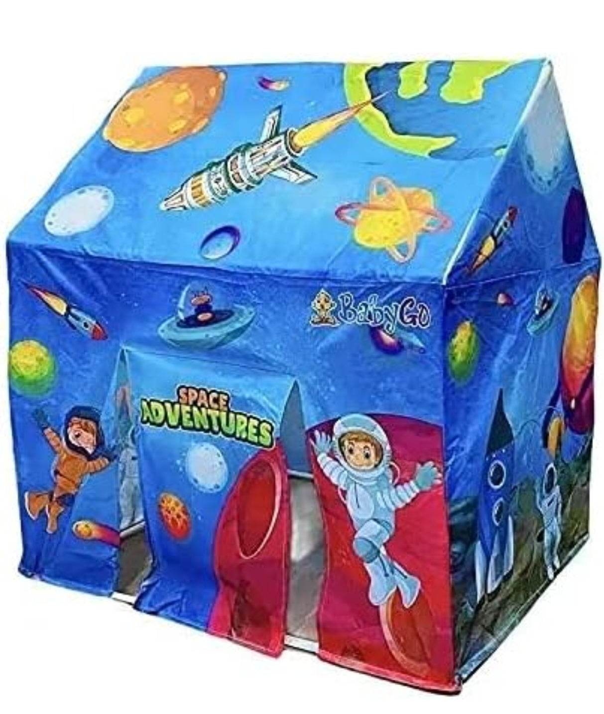 Colorful space themed tent for children with astronauts, planets, and rocket illustrations