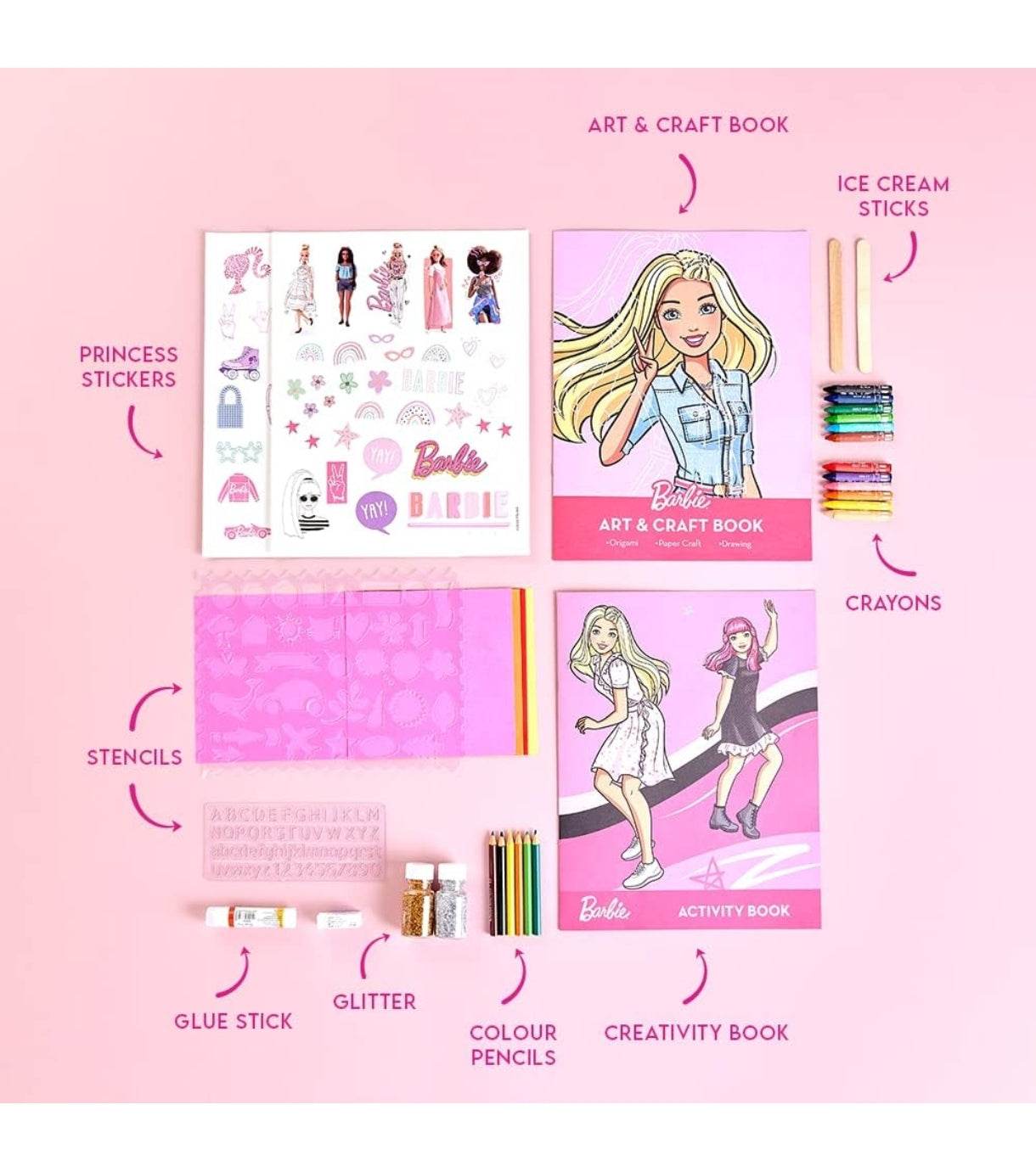 Barbie creative activity kit for kids with art and craft book, princess stickers, crayons, stencils, and glitter