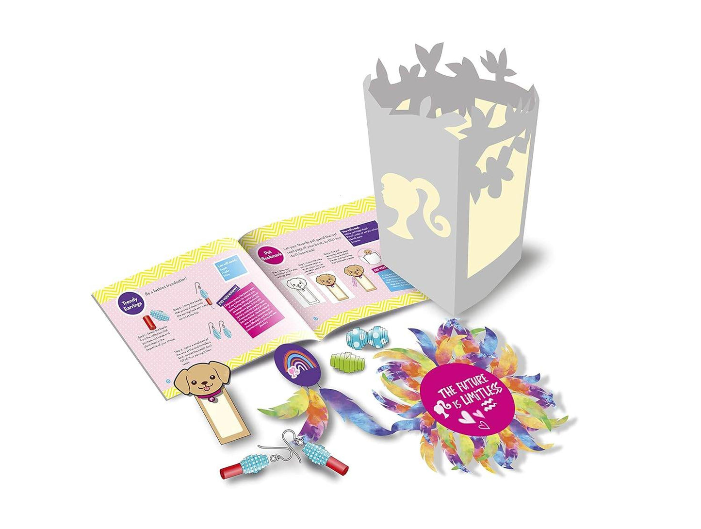 Barbie creative activity kit for kids including a lantern, colorful feathers, stickers, and instruction booklet