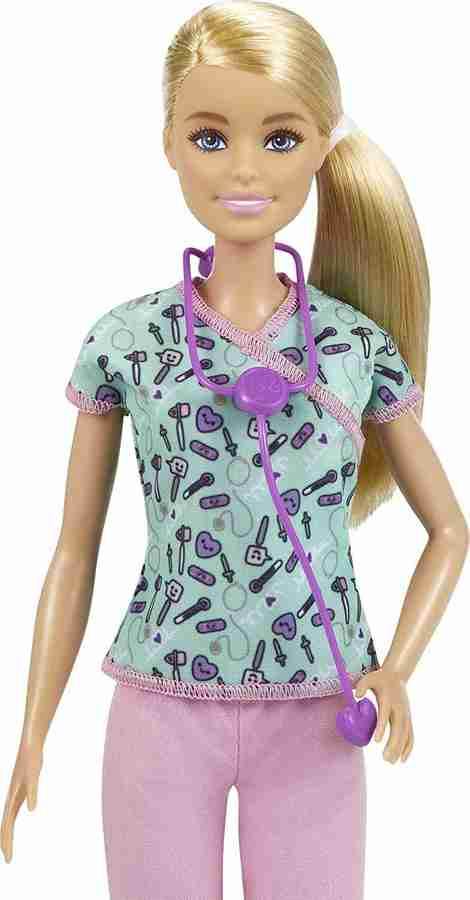 Barbie doll for kids dressed as a doctor with blonde hair and purple stethoscope accessory