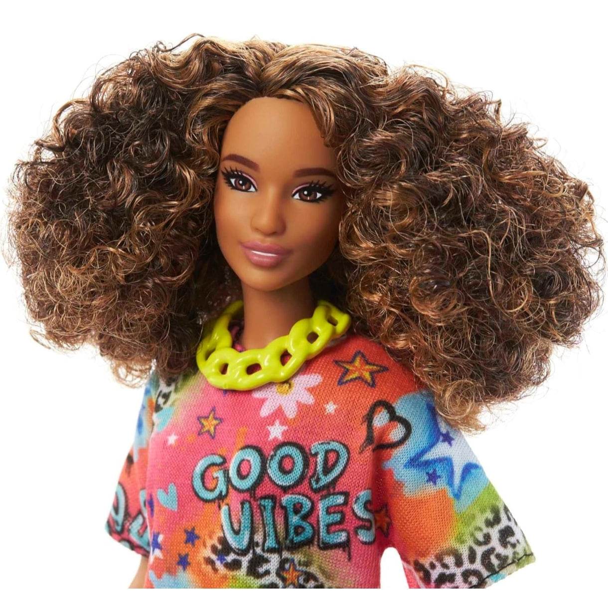 Barbie doll from Barbie Fashionista set for girls with curly hair and colorful Good Vibes shirt