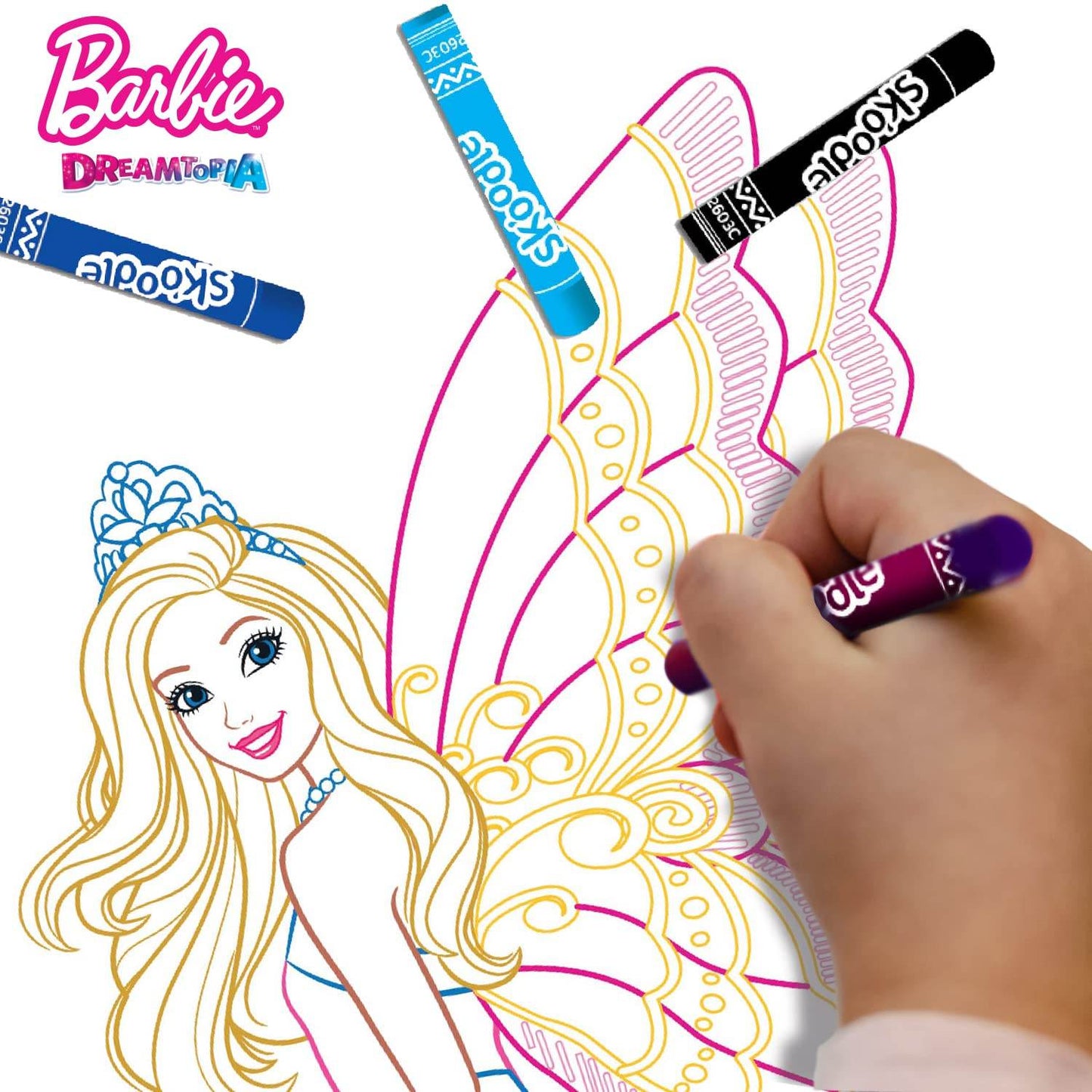 Coloring activity featuring a girl coloring a Barbie Dreamtopia page, promoting creativity through Barbie movies