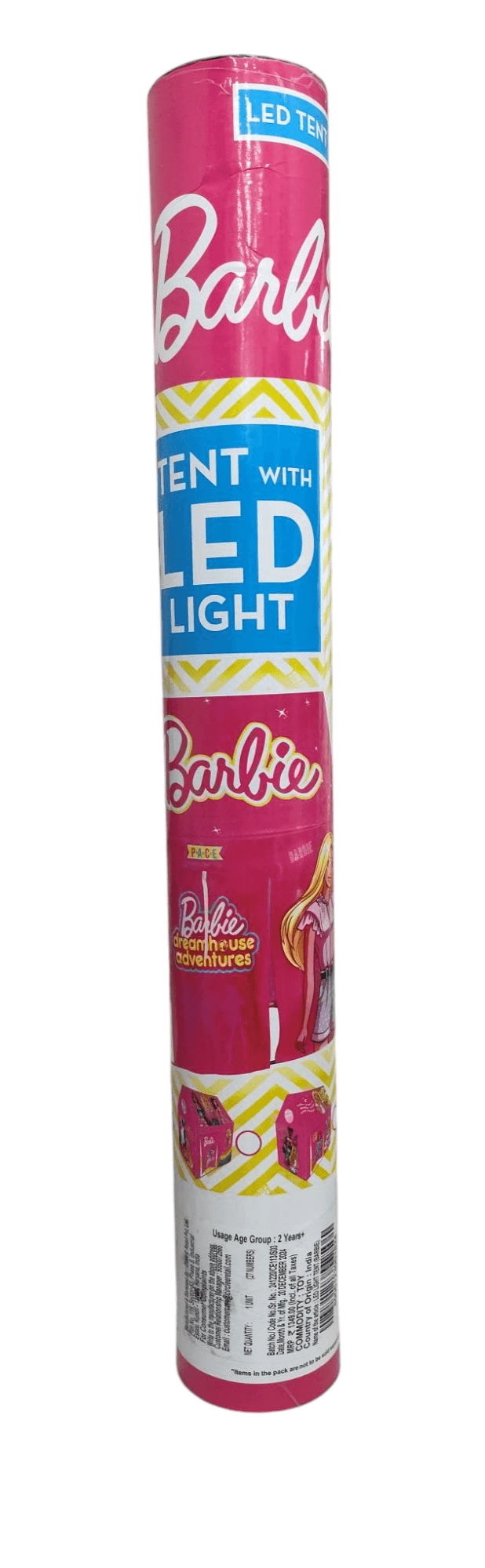Barbie play tent house for kids packaged in a pink cylindrical tube with LED light feature