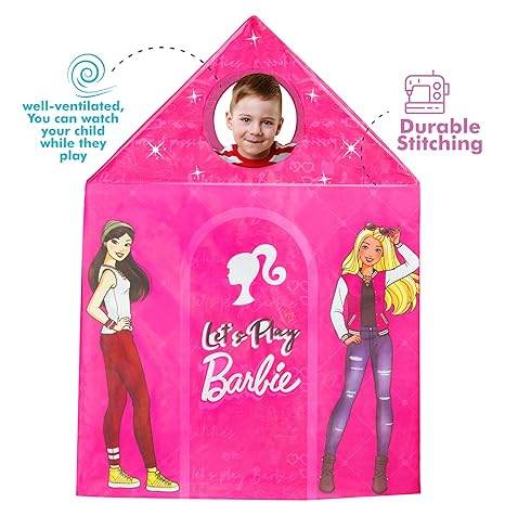 Pink Barbie play tent house for kids with cartoon characters and a child playing inside