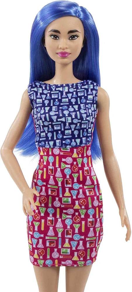 Barbie scientist doll with blue hair wearing a dress patterned with colorful scientific equipment icons