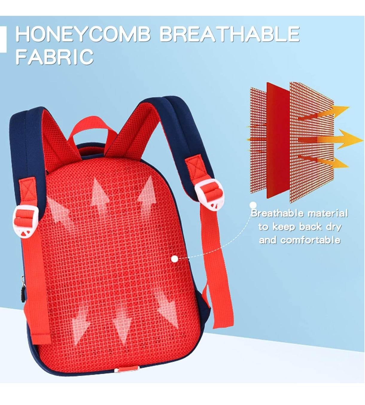 Red bee mini backpack for toddlers with honeycomb breathable fabric for comfort and ventilation