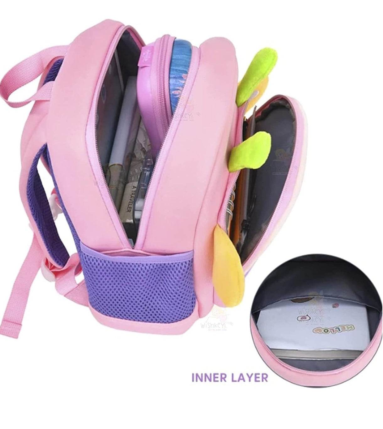 Pink bee mini backpack for toddlers with multiple compartments and soft yellow and green wings
