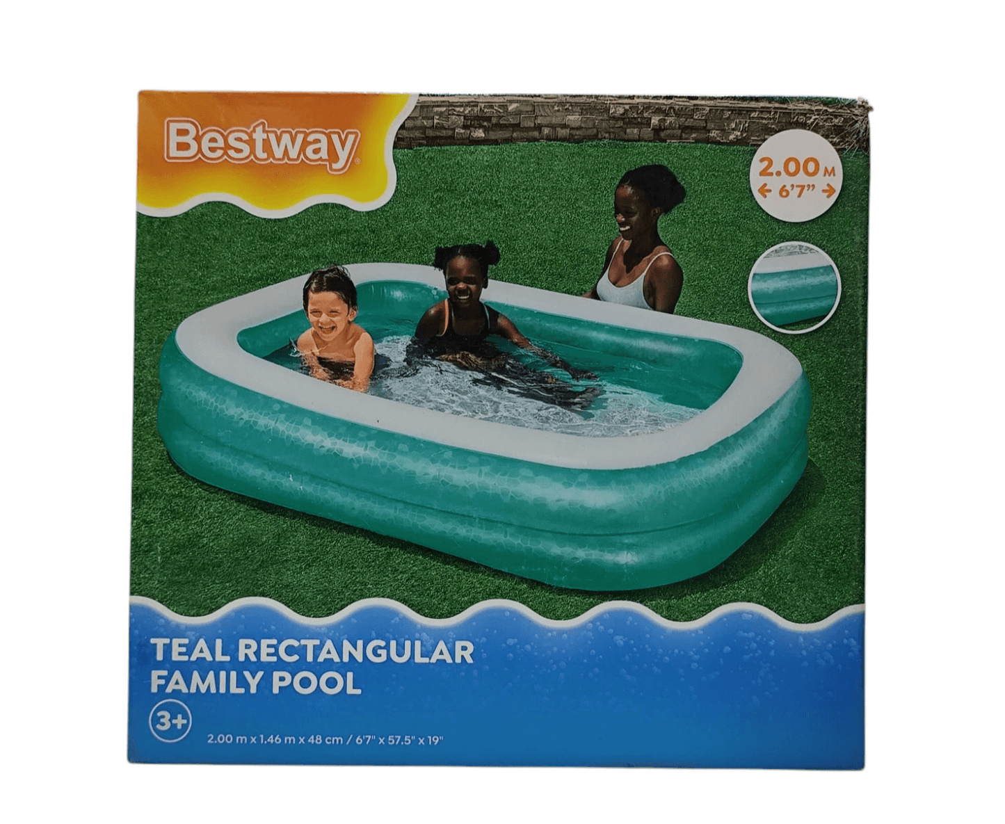 Teal rectangular inflatable family pool for ages 3 and up, ideal for swimming pool with family