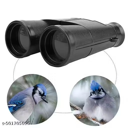 Black binoculars with insets showing a blue jay in nature