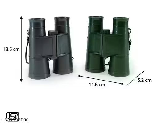 Two pairs of green binoculars with measurements