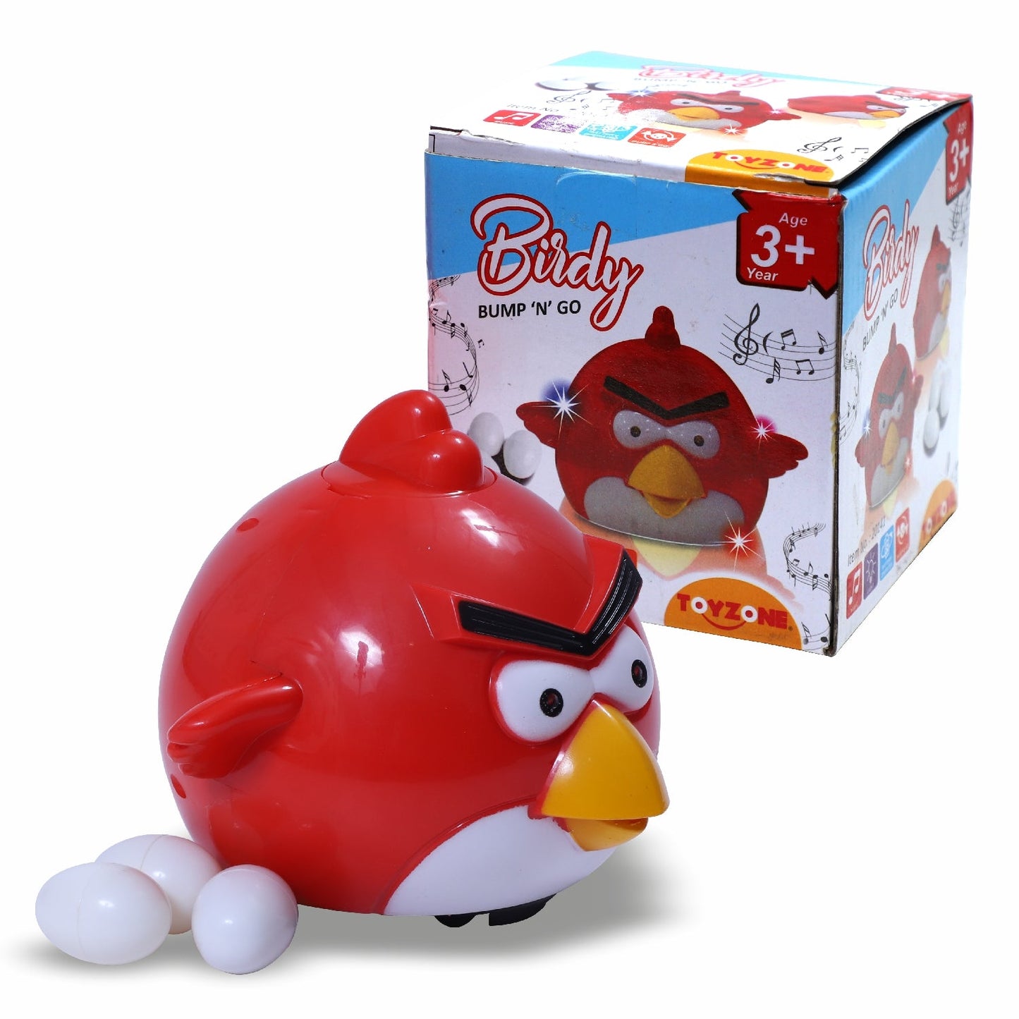 Red battery operated kids toy bird character with packaging box for ages 3 and up