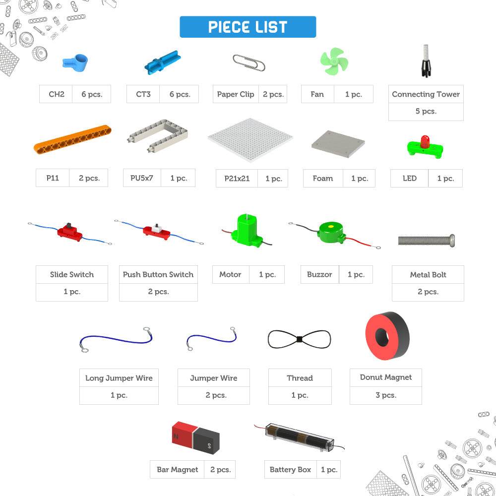 Educational construction toys for children with various pieces including switches, motors, magnets, wires, and connectors