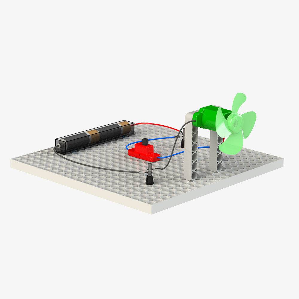 Educational construction toys for children featuring a battery-powered green fan assembly on a building base