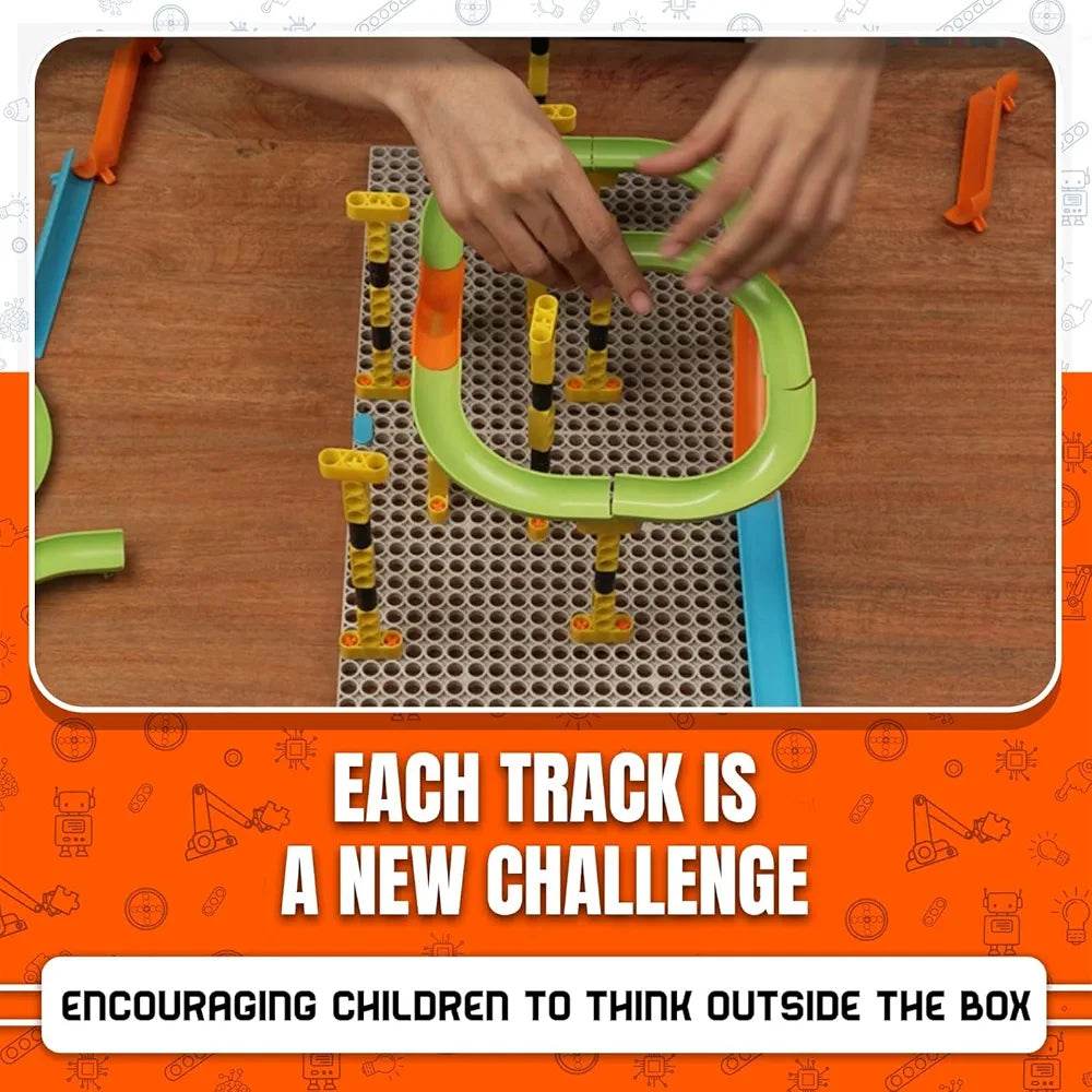 Hands assembling Blix Marble Run set with colorful tracks and connectors on a wooden surface