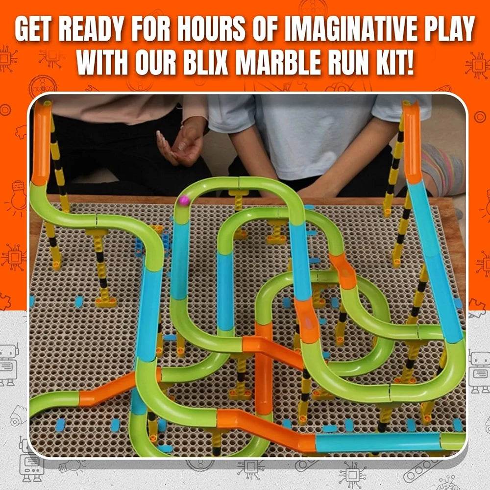 Children playing with colorful Blix Marble Run set featuring interconnected tracks and tubes