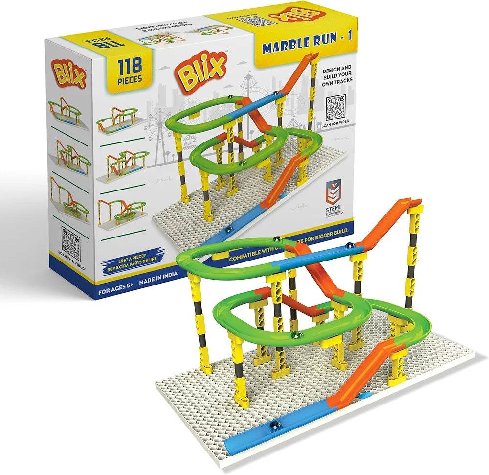 Blix Marble Run set with 118 pieces including colorful tracks and yellow supports on a white baseboard