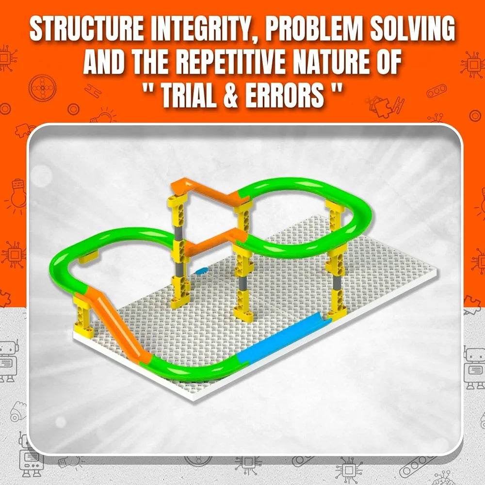 Blix Marble Run set with green and orange tracks on a white base promoting problem solving and structure integrity