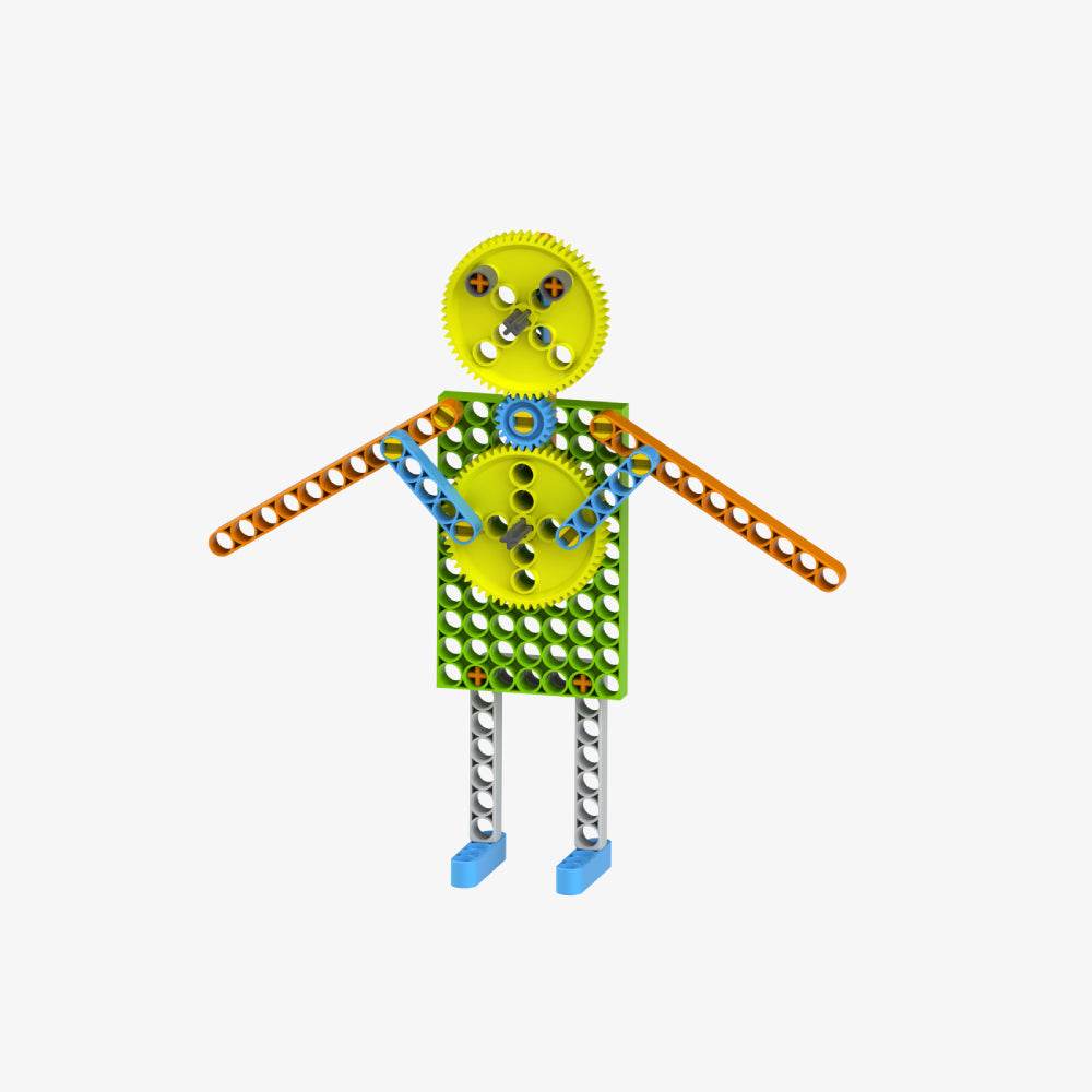 Colorful robot figure made from a STEM construction toy for kids with gears and perforated pieces