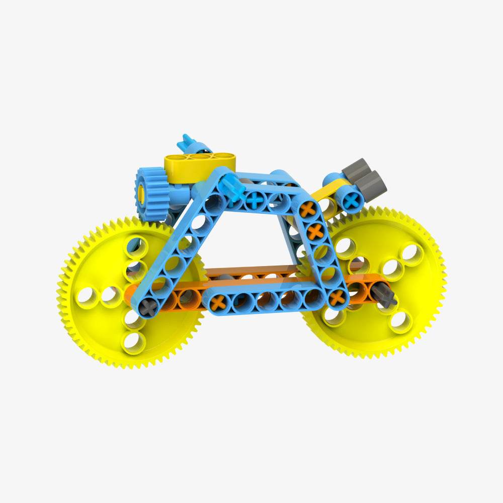 STEM construction toy for kids blue and yellow plastic gear bike model educational building set