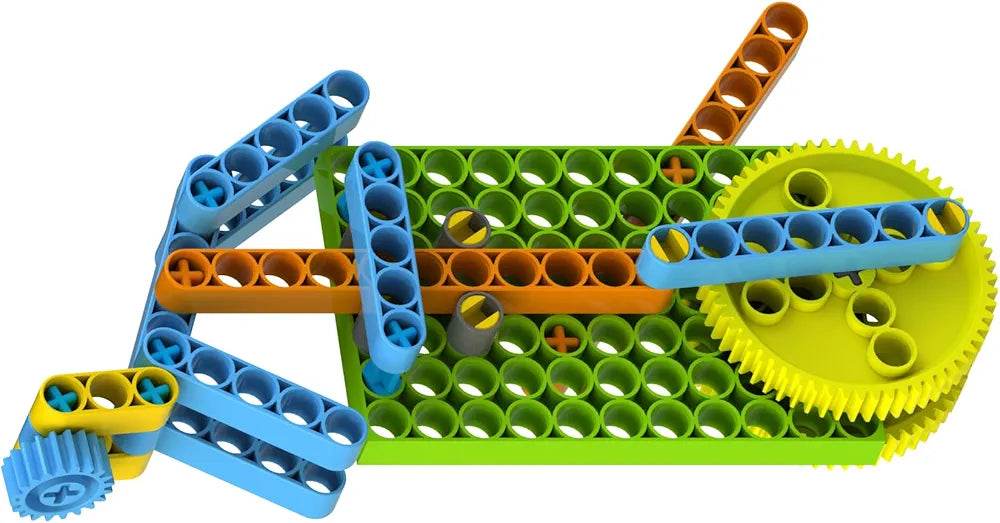 Colorful STEM construction toy for kids with blue, orange, and yellow interlocking plastic parts