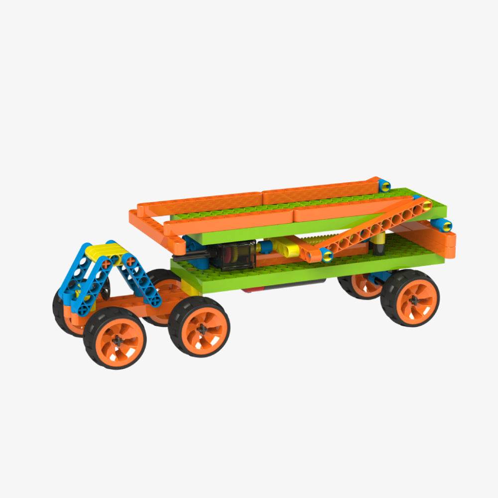 Colorful STEM construction toys for kids building a toy vehicle with orange, green, and blue parts