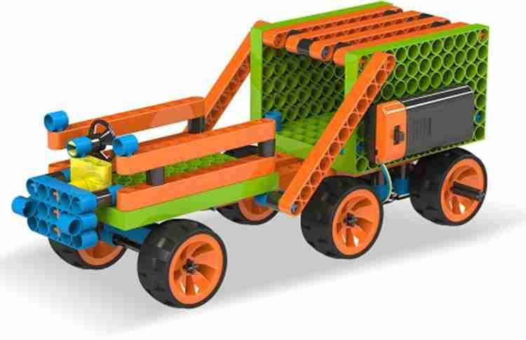 Colorful toy truck made from STEM construction toys for kids with orange and green building pieces