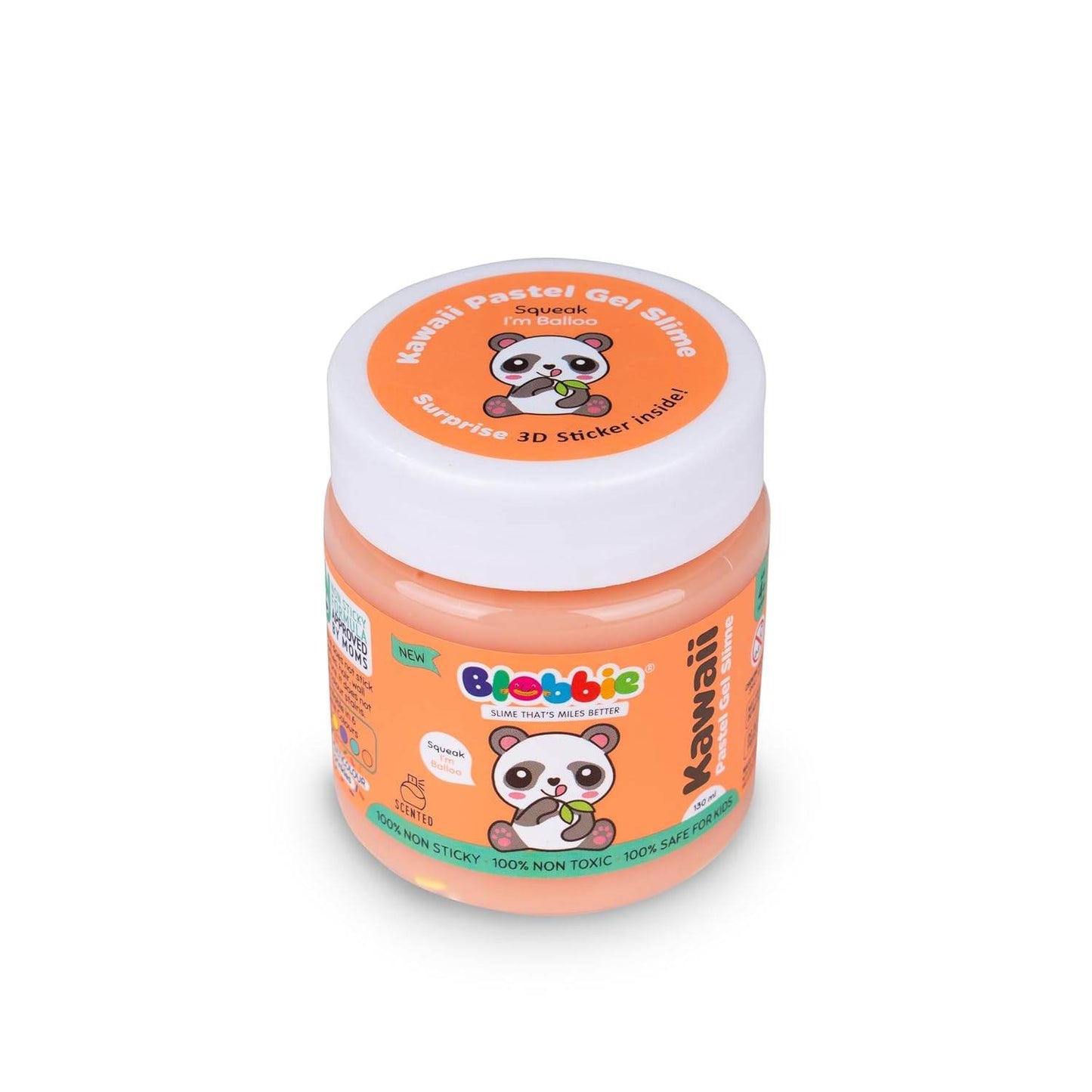 Kawaii pastel gel slime set in peach color with panda design and 3D sticker inside