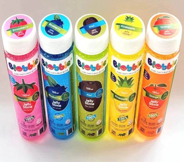 Blobbie slime pack of 1 with five colorful jelly slime bottles in strawberry blueberry kiwi pineapple and orange flavors