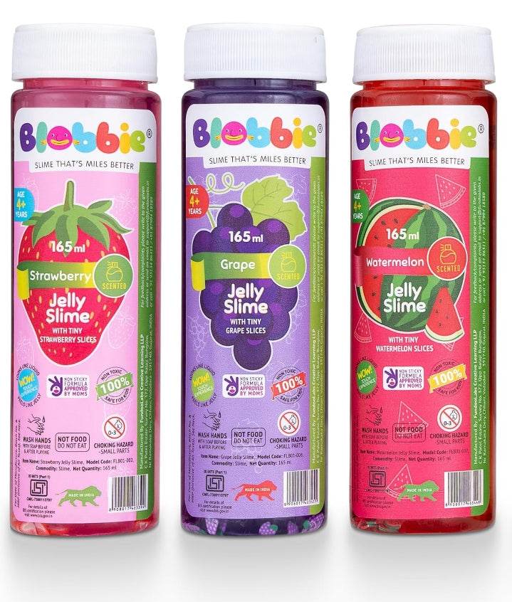 Blobbie slime pack of 1 with strawberry, grape, and watermelon jelly slime in 165 ml bottles