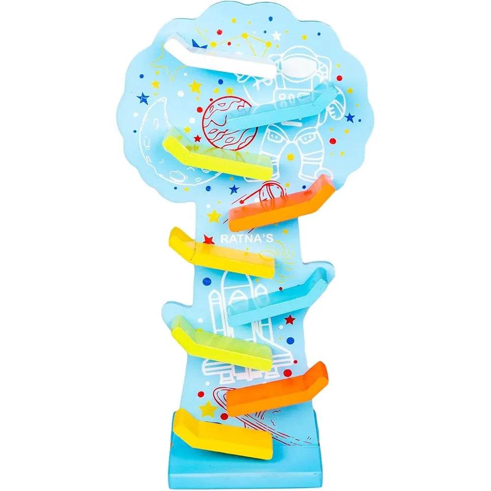 Colorful wooden ramp race track toy with space-themed design for kids by T-Rex the toyland Sitamarhi