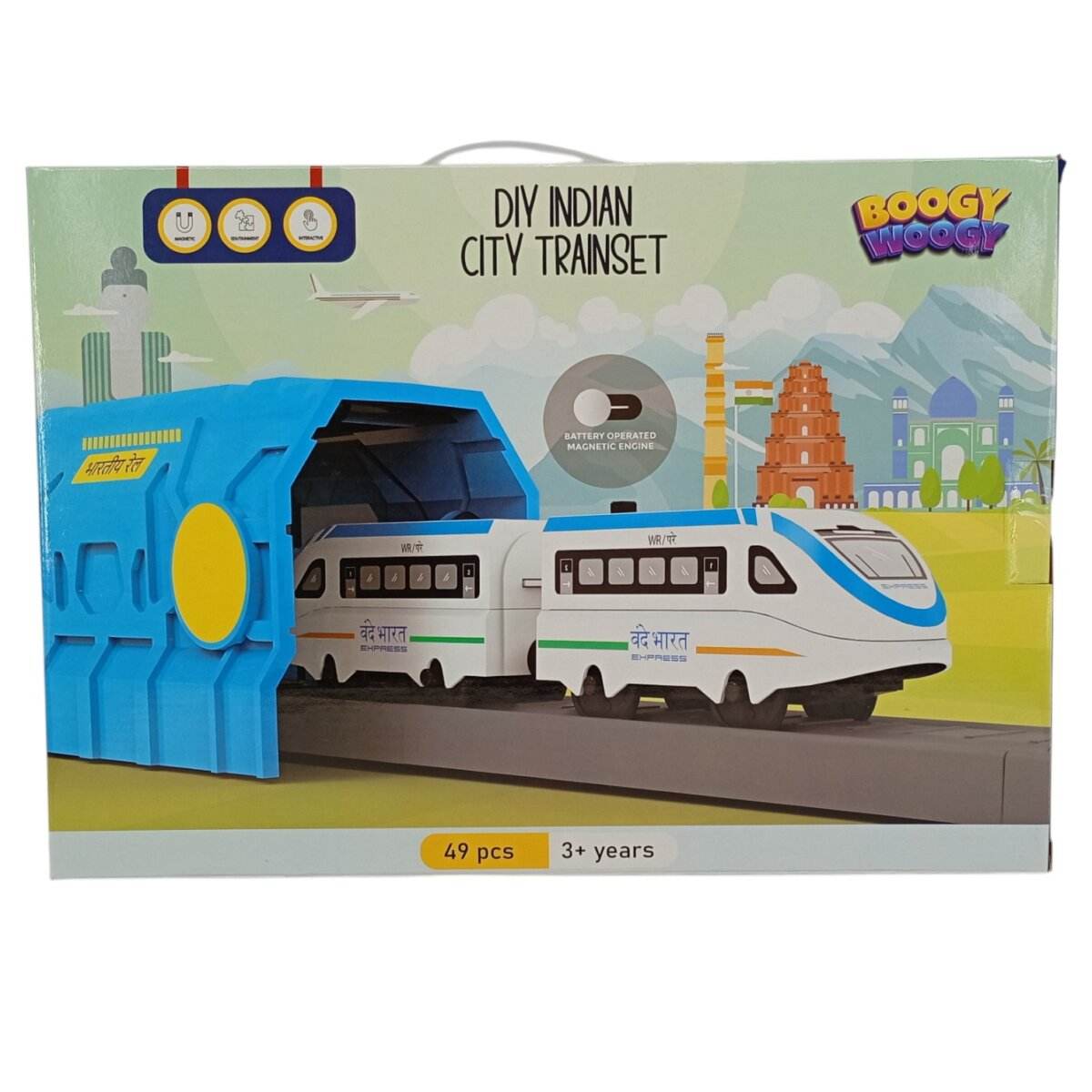 Boogy Woogy DIY magnetic train set for kids with 49 pieces and Indian city theme
