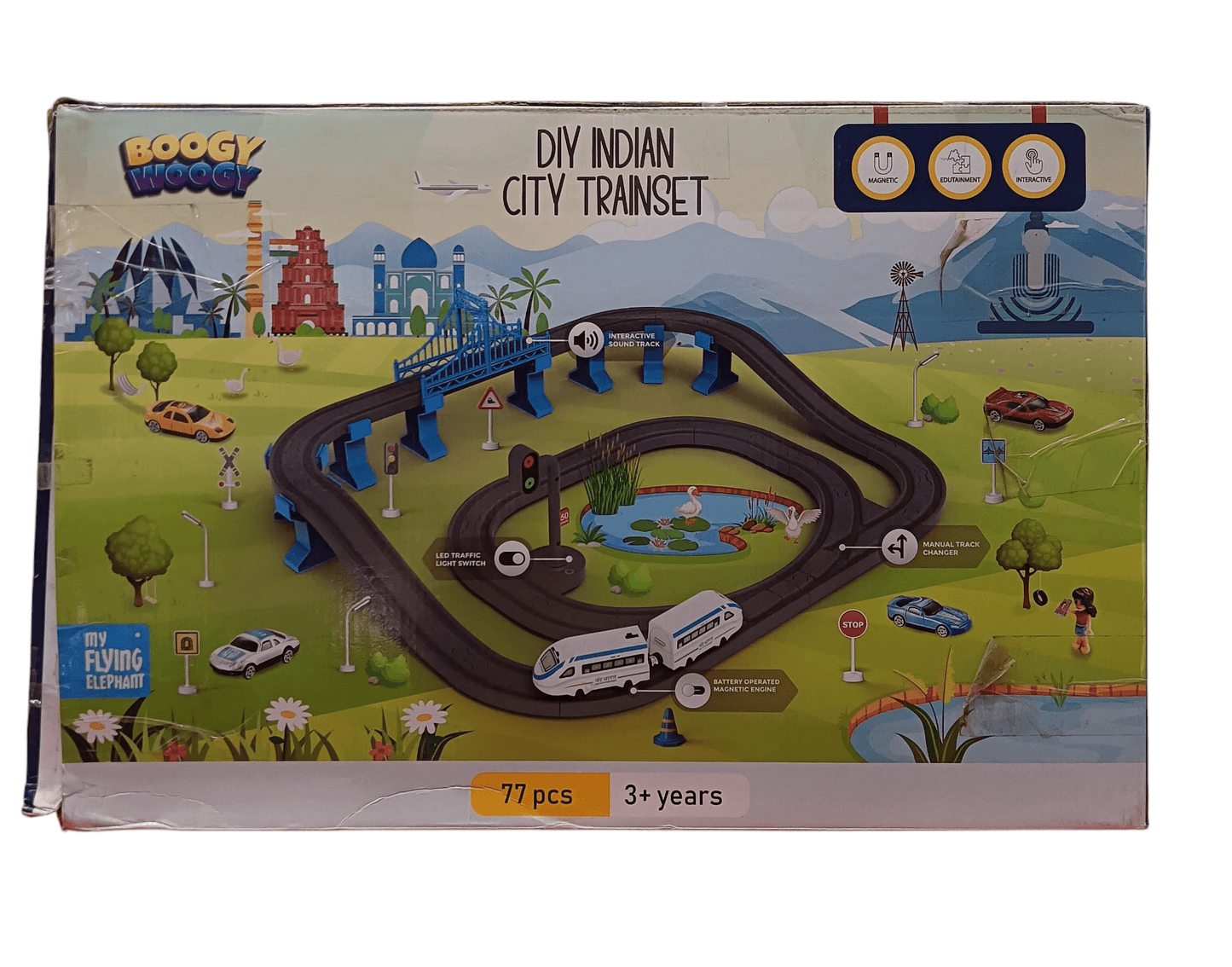 Electrobotic Boogy Woogy DIY Indian city train set with 77PCS featuring tracks and vehicles for kids 3 years and up