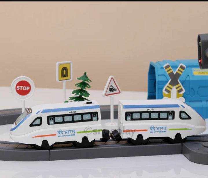 Electrobotic DIY Indian city train set with 77 pieces including white train cars and traffic signs