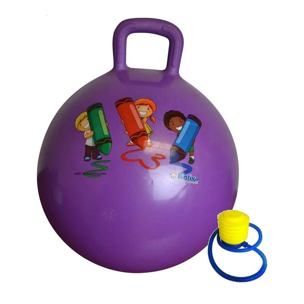 Purple hop ball with handle featuring colorful children graphics and yellow pump bouncy ball with handle for toddlers