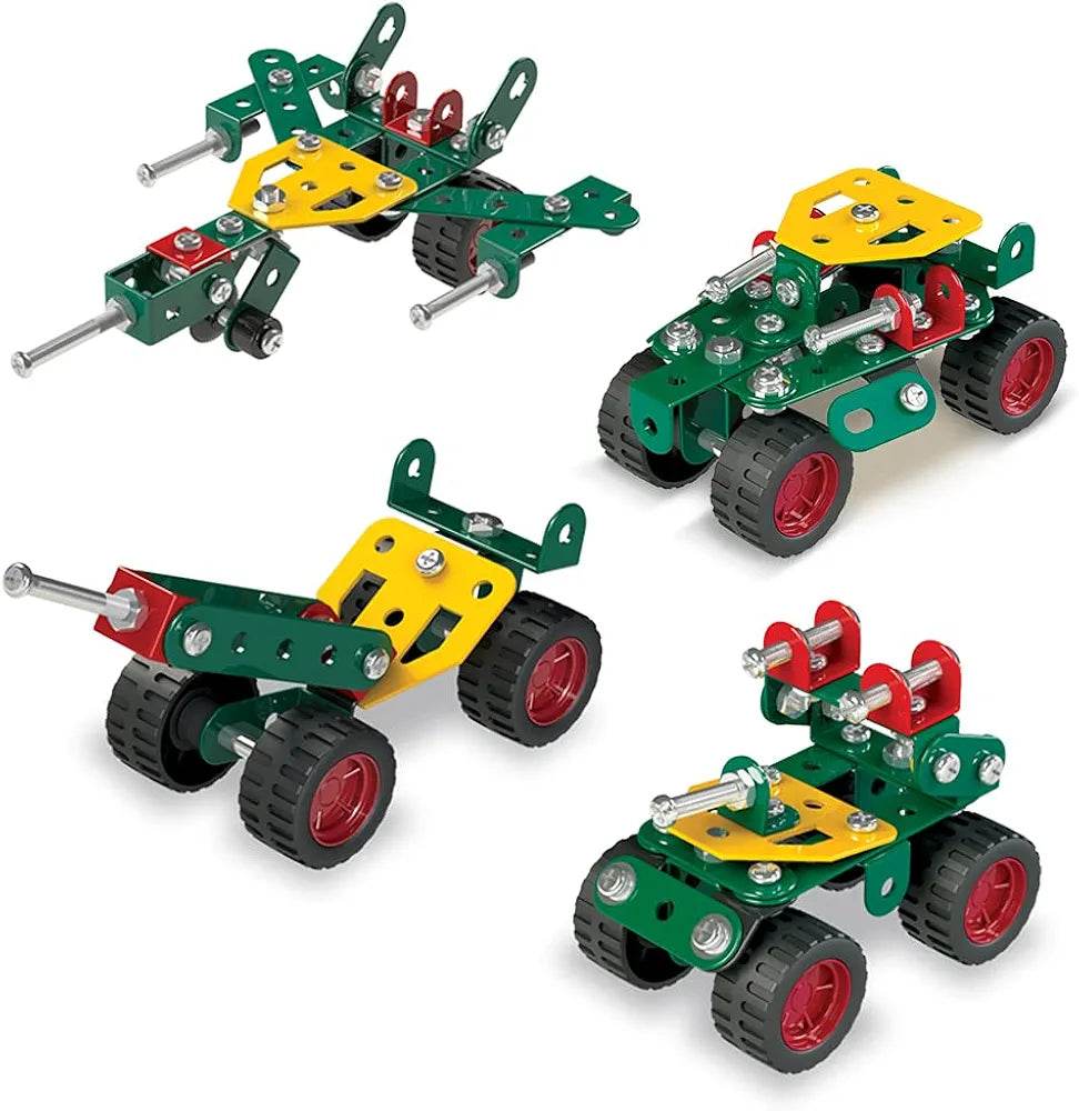 T-Rex the toyland Sitamarhi Mechanix Battle Station construction set with green, yellow, and red parts assembled into vehicles