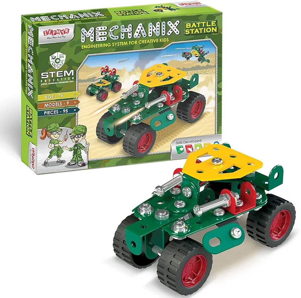 Mechanix Battle Station construction set with green and yellow toy vehicle featuring red wheels and assembly parts